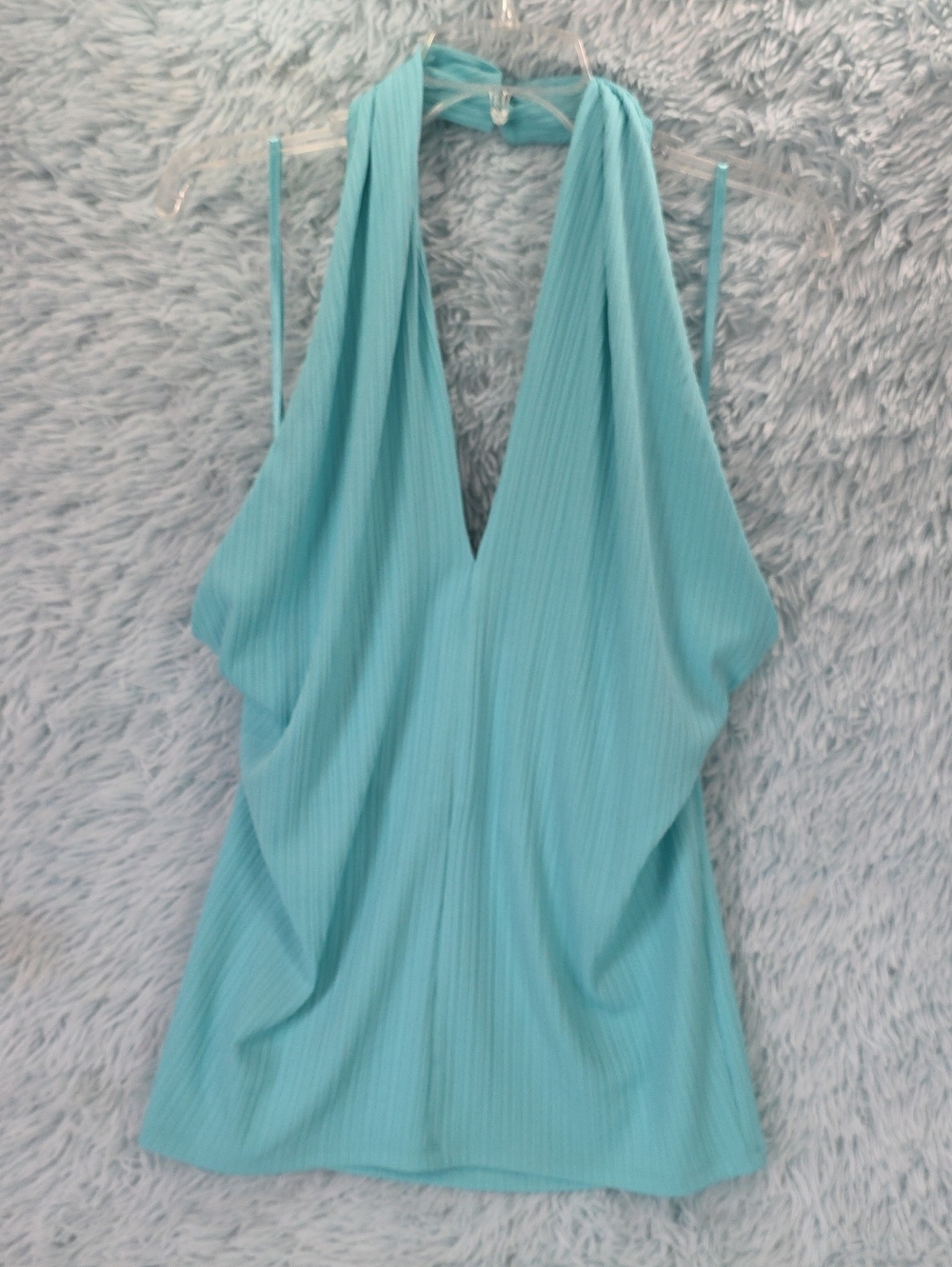 Ann Taylor Light Blue Ribbed Knit Plunge Halter Top XL Backless Flowy Draped